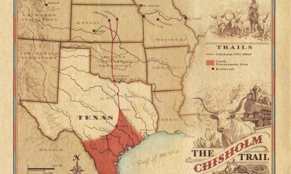 Historic map of the Chisholm Trail running from South Texas through Indian Territory (Oklahoma) to railheads in Abilene and Ellsworth, Kansas