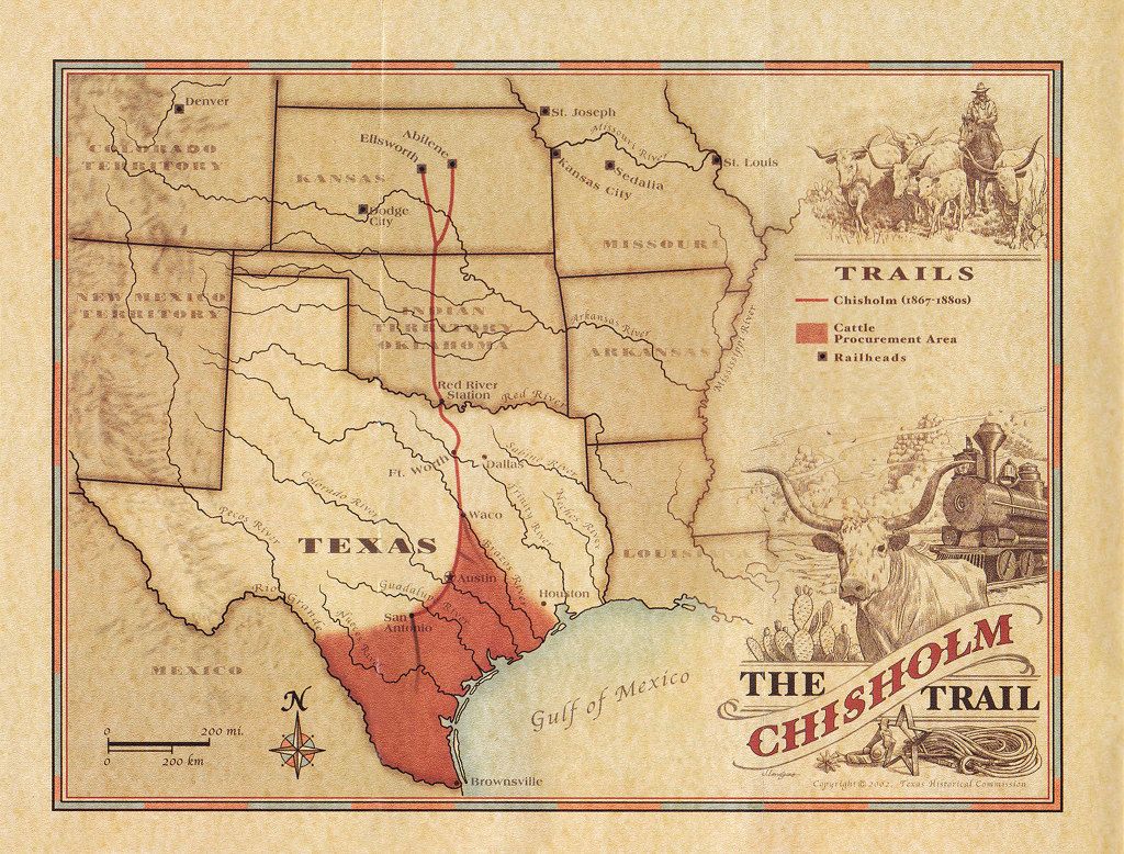 Historic map of the Chisholm Trail running from South Texas through Indian Territory (Oklahoma) to railheads in Abilene and Ellsworth, Kansas